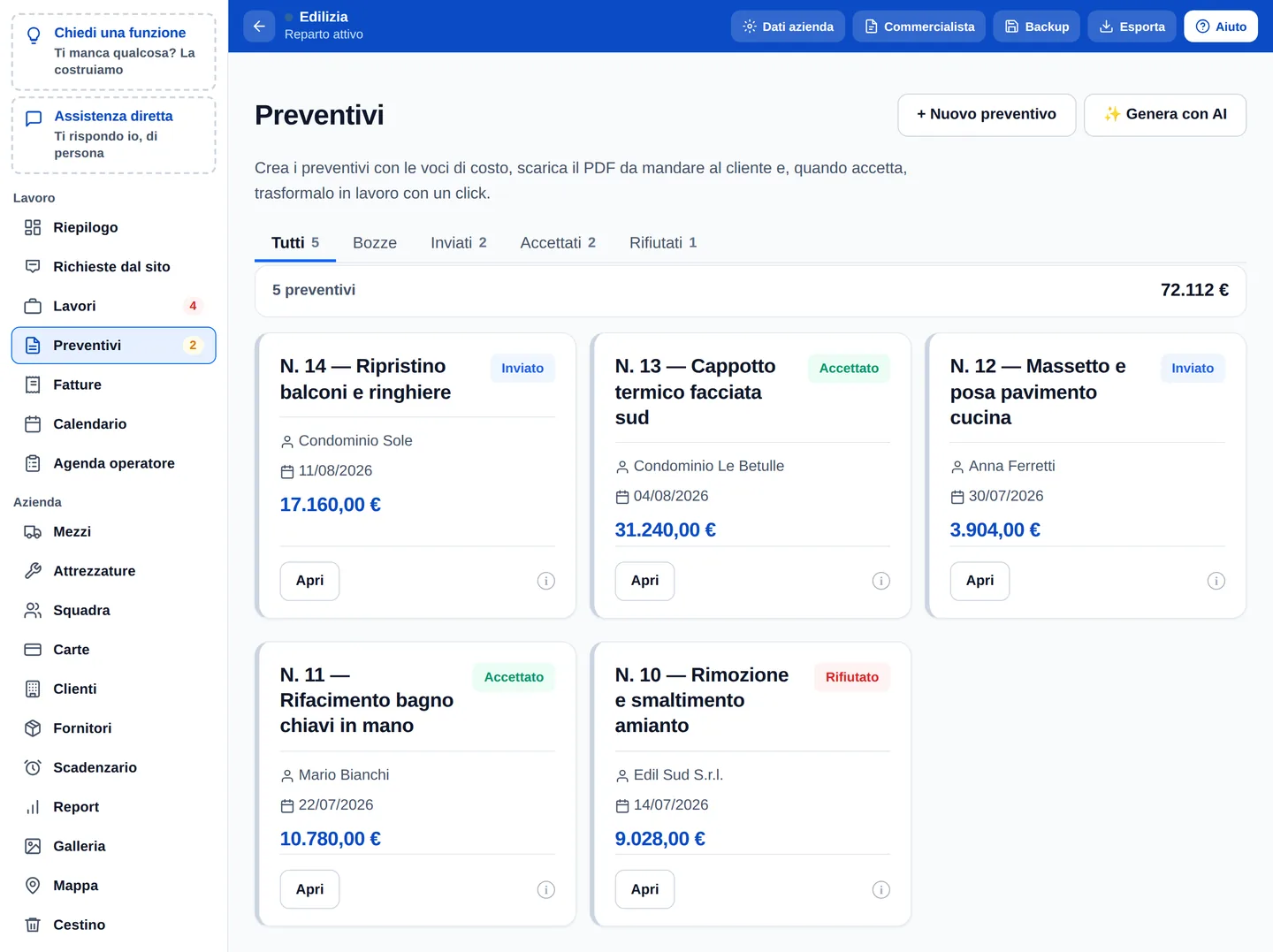 Preventivi edili numerati con stato inviato, accettato e rifiutato, e importo con IVA